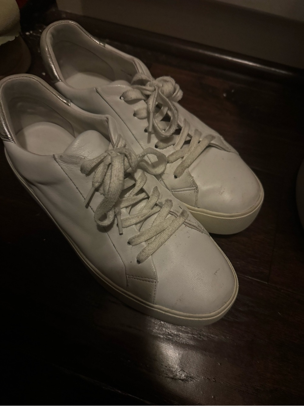 Vince Platform Classic White Leather Sneakers with Silver Heel Accent